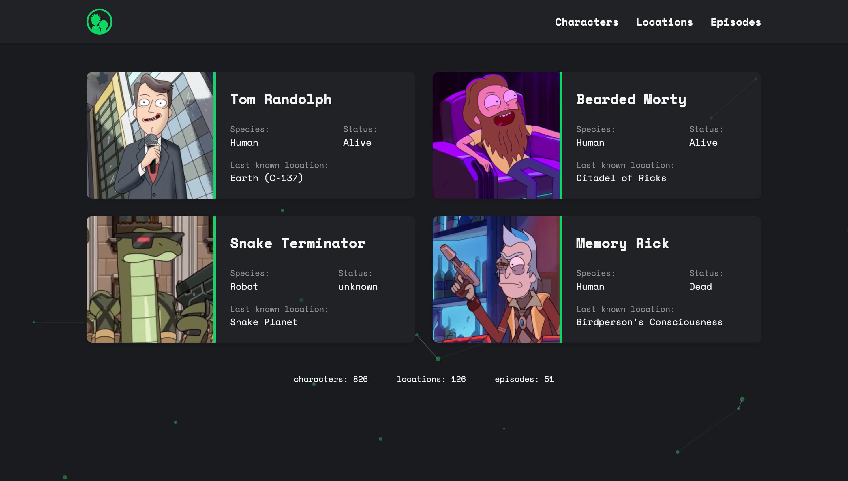 Rick and Morty Explorer home page